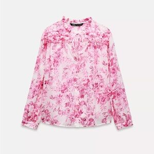 NWT Zara RUFFLED PRINT BLOUSE Pink and White Floral REF. 2298/157